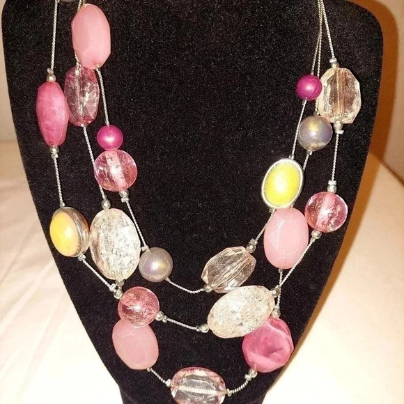 Signed NY Multi Level Necklace Silver Chain Clear Pink Tan Gray Beads - Picture 3 of 3